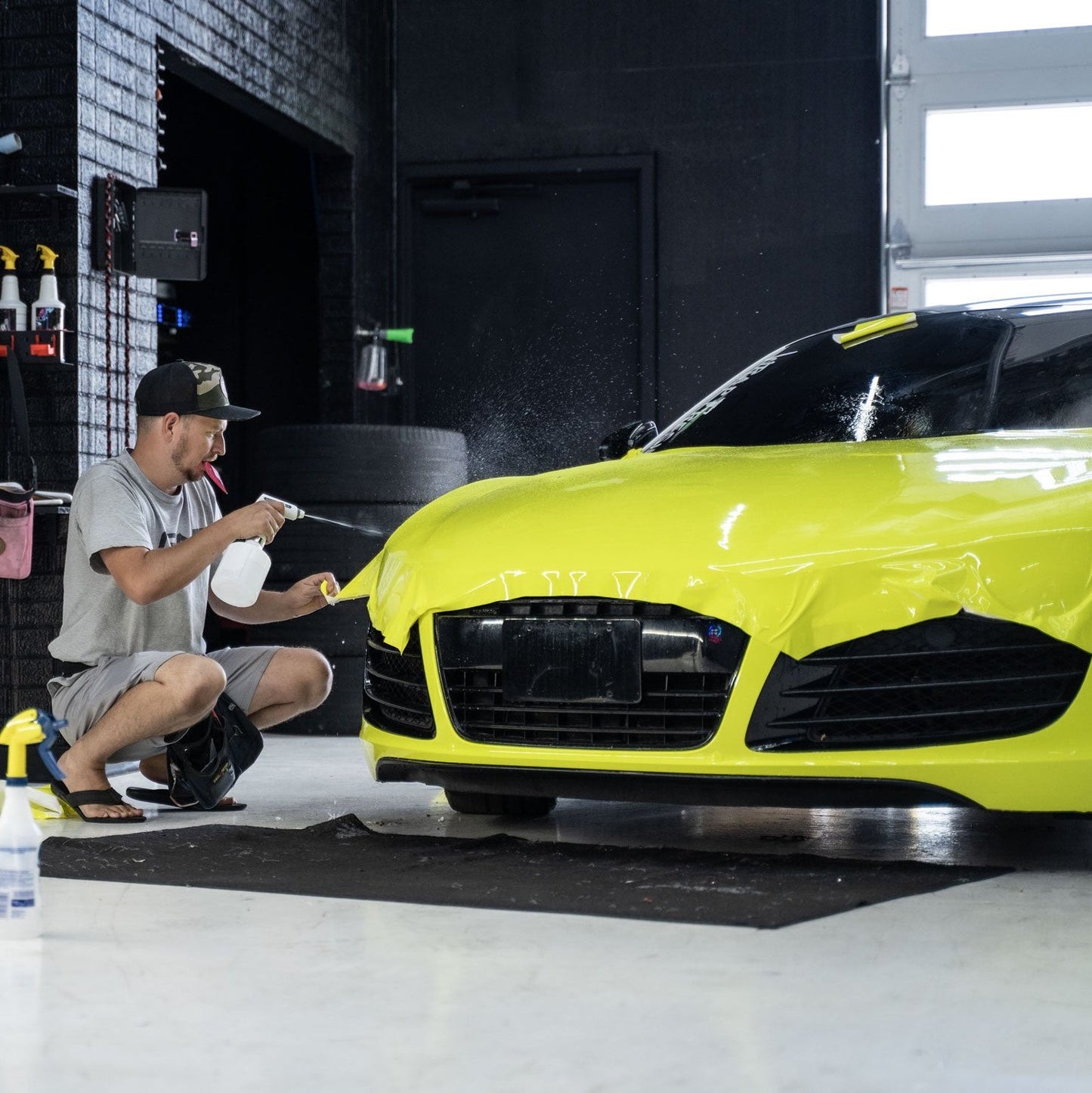 Audi R8 wrapped in ARMR Highlighter Yellow PPF